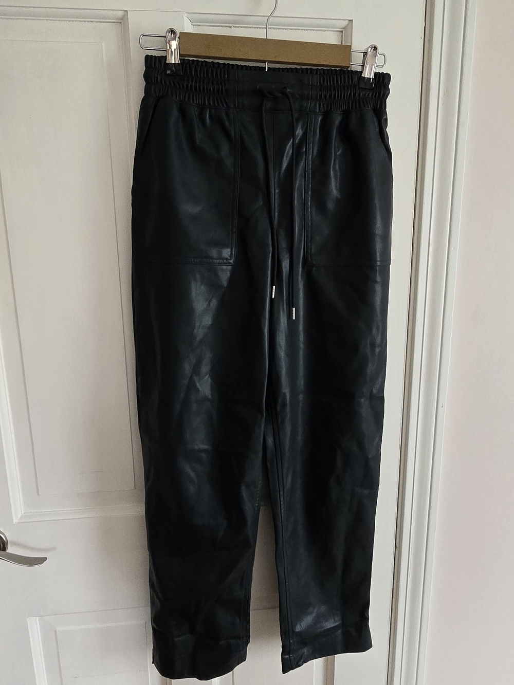 Dark GREEN Fleece Lined Faux Leather Joggers with Drawstring Waist